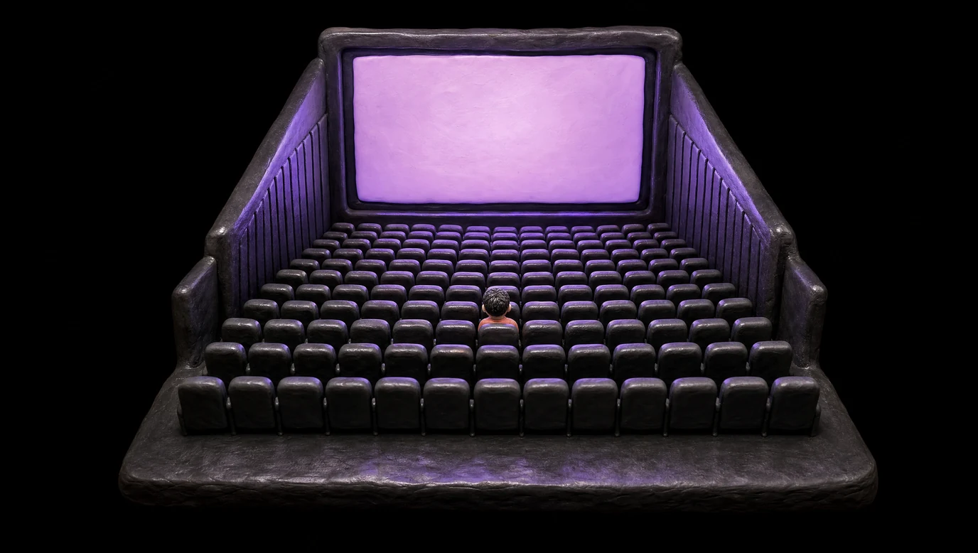 Ein Kinosaal aus Knetmasse auf schwarzem Grund: die Leinwand leuchtet violett, die Sitzreihen sind vollständig leer bis auf einen einzigen besetzten Platz in der Mitte