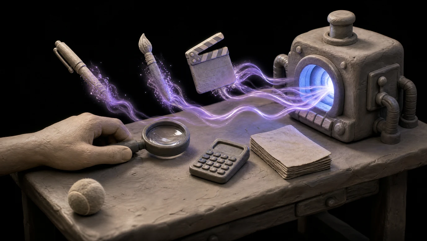 Jobs AI will replace — a clay workbench where a pen, a brush and a clapperboard dissolve into violet ribbons of light and stream into a machine, while a human hand keeps hold of the magnifying glass