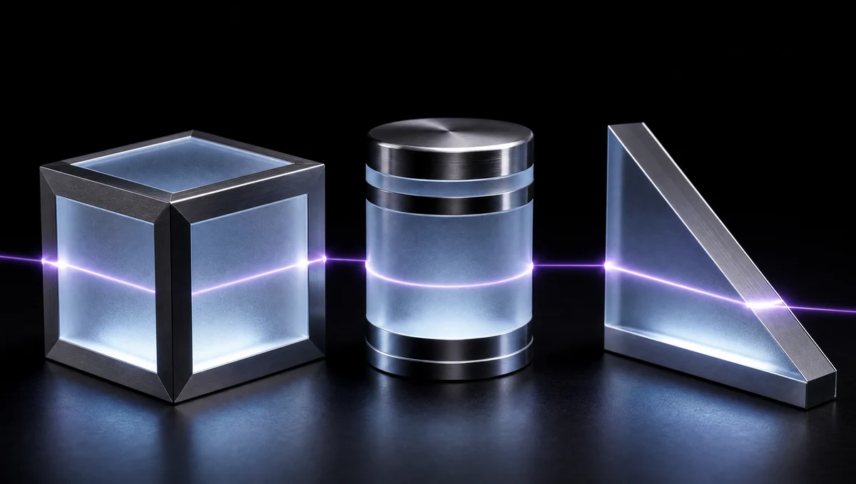 Three objects of frosted glass and metal — a cube, a banded cylinder and a wedge — with a violet beam passing across their surfaces without entering them