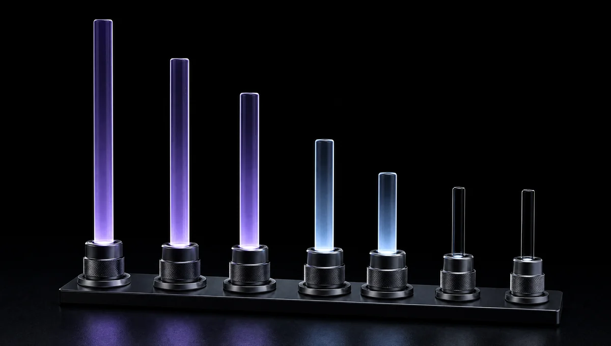 A row of frosted glass rods of different heights in machined metal bases, the tallest lit violet — occupations ranked by how far their tasks overlap with what AI models do