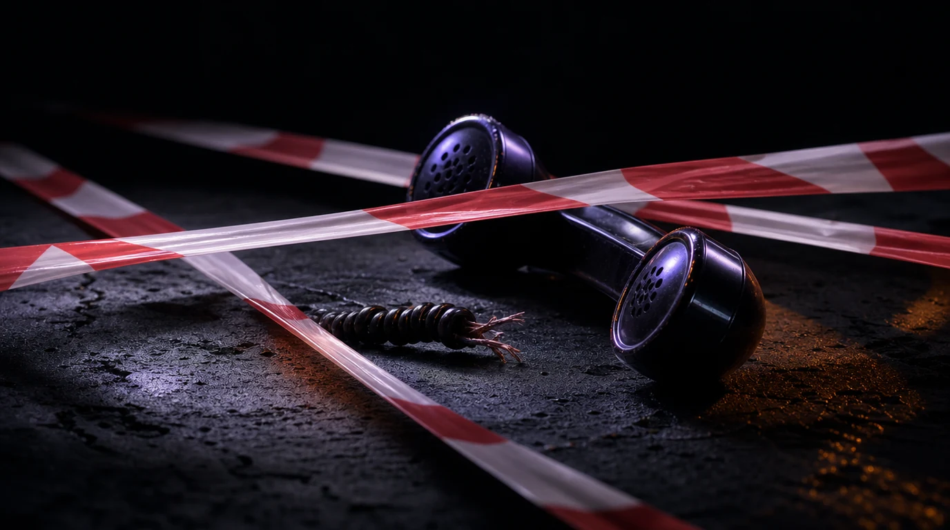 Ein schwarzer Telefonhörer mit durchtrenntem Kabel liegt auf dunklem Asphalt, darüber kreuzen sich zwei rot-weiße Absperrbänder