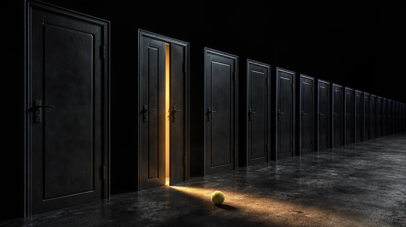 Eine lange Reihe identischer dunkler Türen verliert sich im Schwarzen, eine einzige steht einen Spalt offen und lässt warmes Licht auf den Boden fallen, davor liegt ein Tennisball