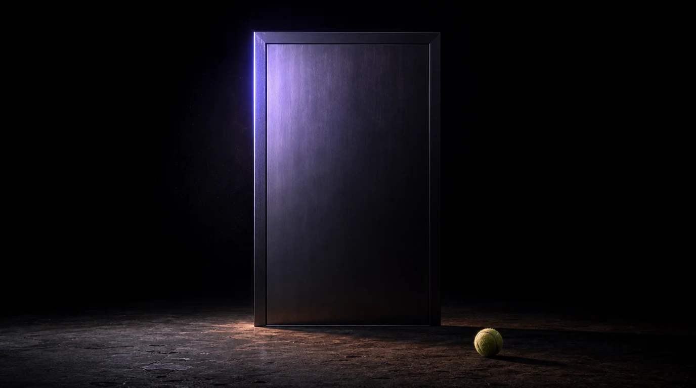 Eine schwere Stahltür ohne Klinke, ohne Klingel und ohne Briefschlitz steht allein im schwarzen Raum, davor liegt ein abgespielter Tennisball