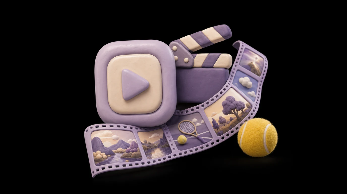 Soft 3D clay illustration: a clay video play button and film clapperboard with photo frames flowing out like a filmstrip, a tennis ball beside them