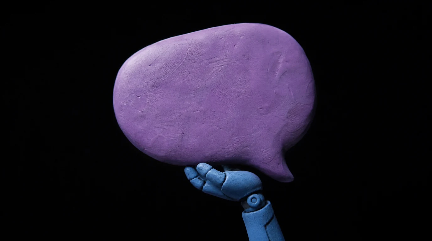 Eine große violette Sprechblase aus Knete wird von einem kleinen blauen Roboterarm gehalten, der hinter ihr hervorkommt