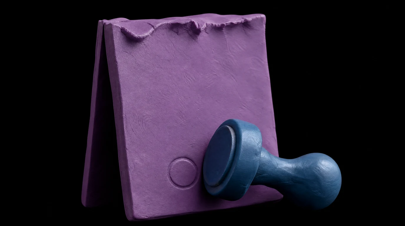 Ein aufgestelltes violettes Kalenderblatt aus Knete mit frisch abgerissener Oberkante, davor liegt ein blauer Stempel aus Knete