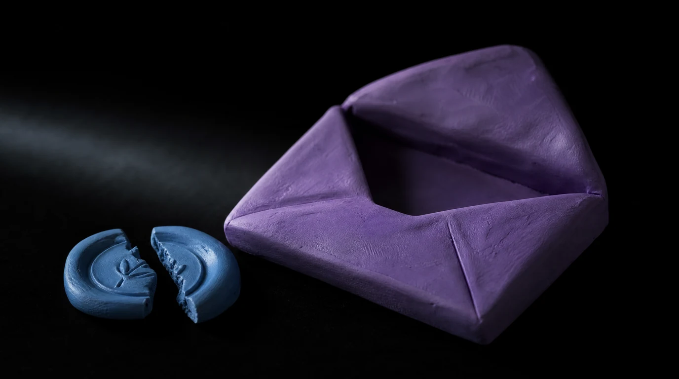 Ein offener leerer violetter Umschlag aus Knete, daneben liegt ein blaues Wachssiegel, das sauber in zwei Hälften gebrochen ist