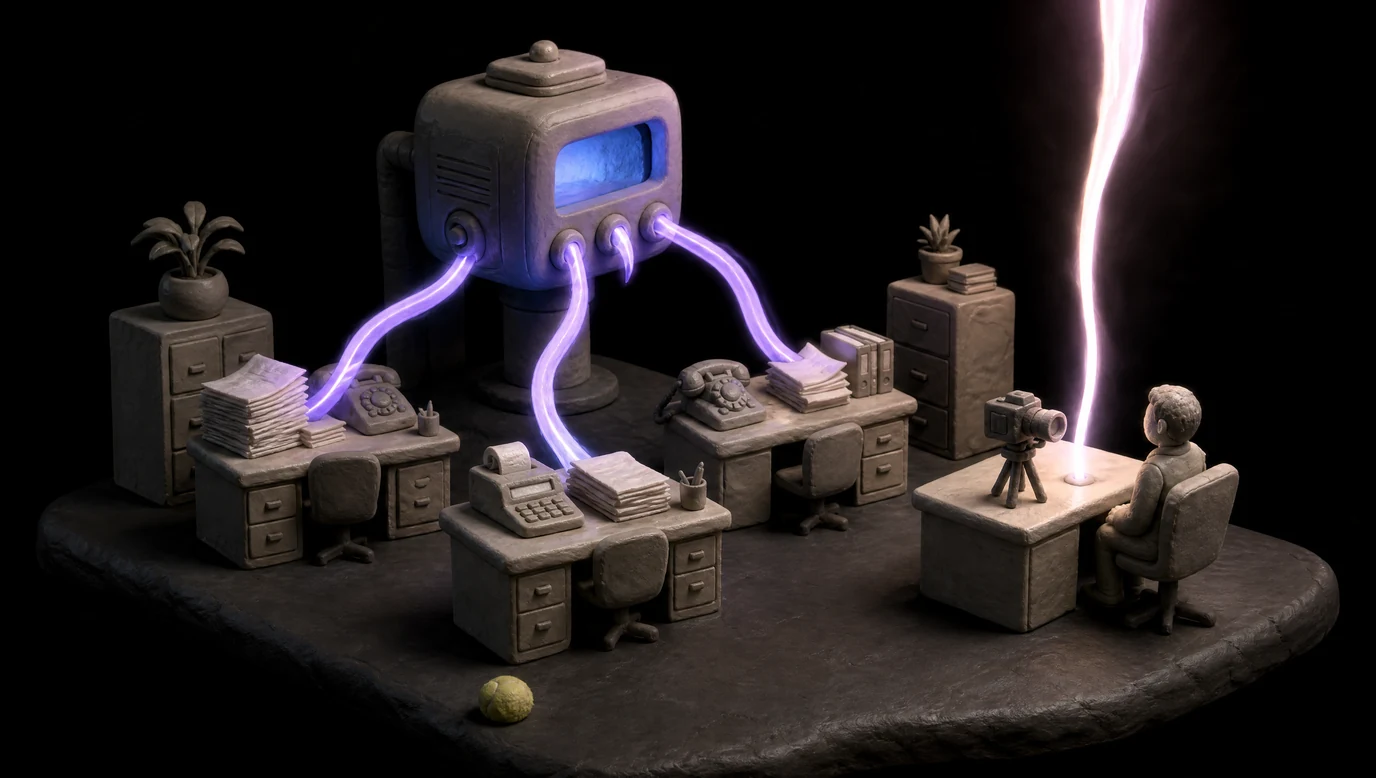 KI im Unternehmen — ein Büro als Knet-Diorama: von drei Schreibtischen mit Papierstapeln, Rechnungen und Telefon steigen violette Lichtbänder in eine Maschine, am vierten Tisch sitzt ein Mensch vor einer Kamera, dessen Lichtstrahl nach oben verläuft