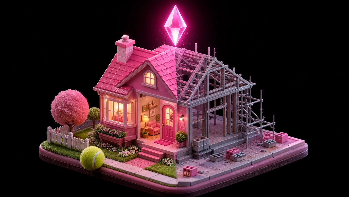 Website mit KI erstellen — ein isometrisches Puppenhaus in Rosa: die linke Hälfte ist fertig, beleuchtet und möbliert, die rechte Hälfte ist nacktes Baugerüst mit losen Steinen, darüber schwebt ein leuchtender rosa Kristall