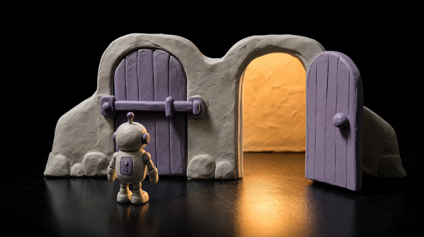 Two clay doors in a low wall: the left one is bolted shut, the right one stands wide open with warm light spilling out, and a small clay robot waits in front of the closed one