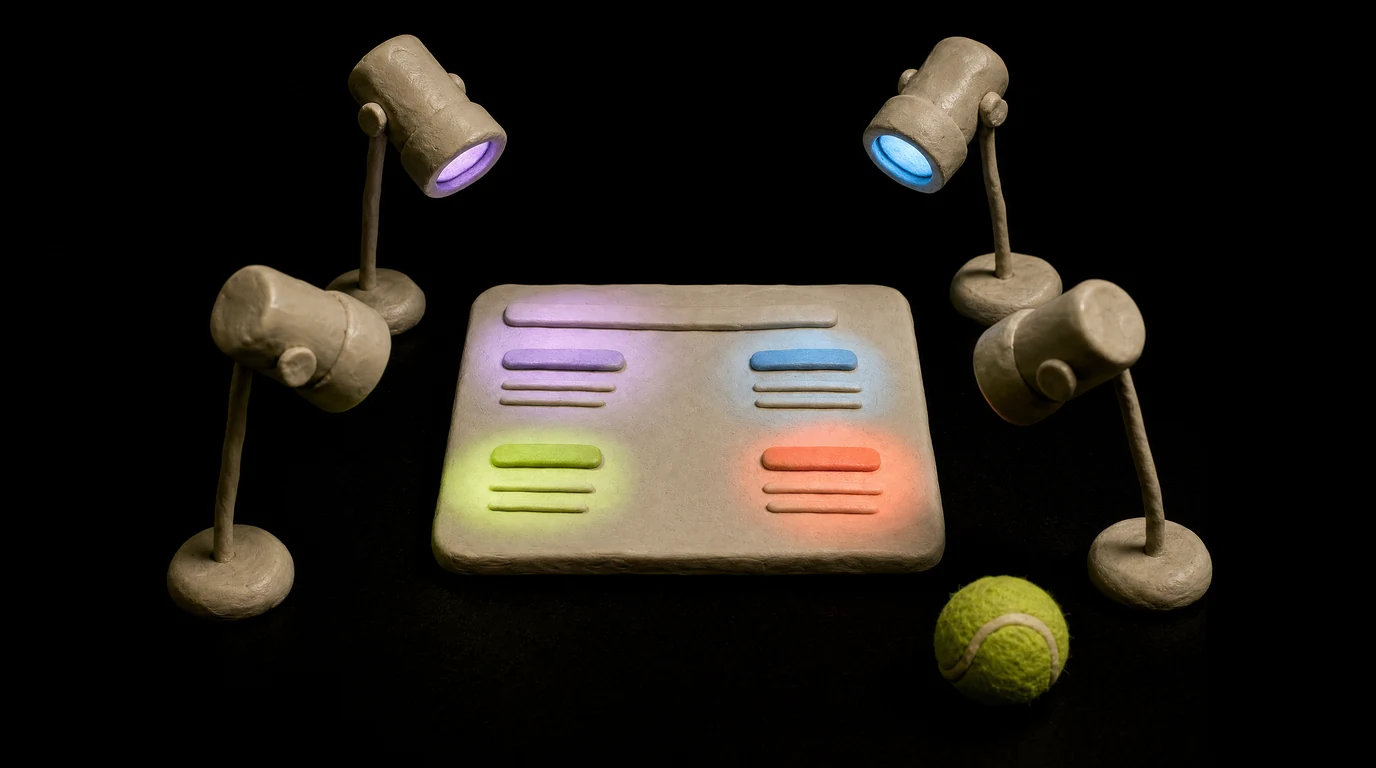 A clay model of a web page on a black background, lit by four separate clay spotlights in lilac, blue, green and coral — each beam falling on a different patch of the page, the rest left in shadow