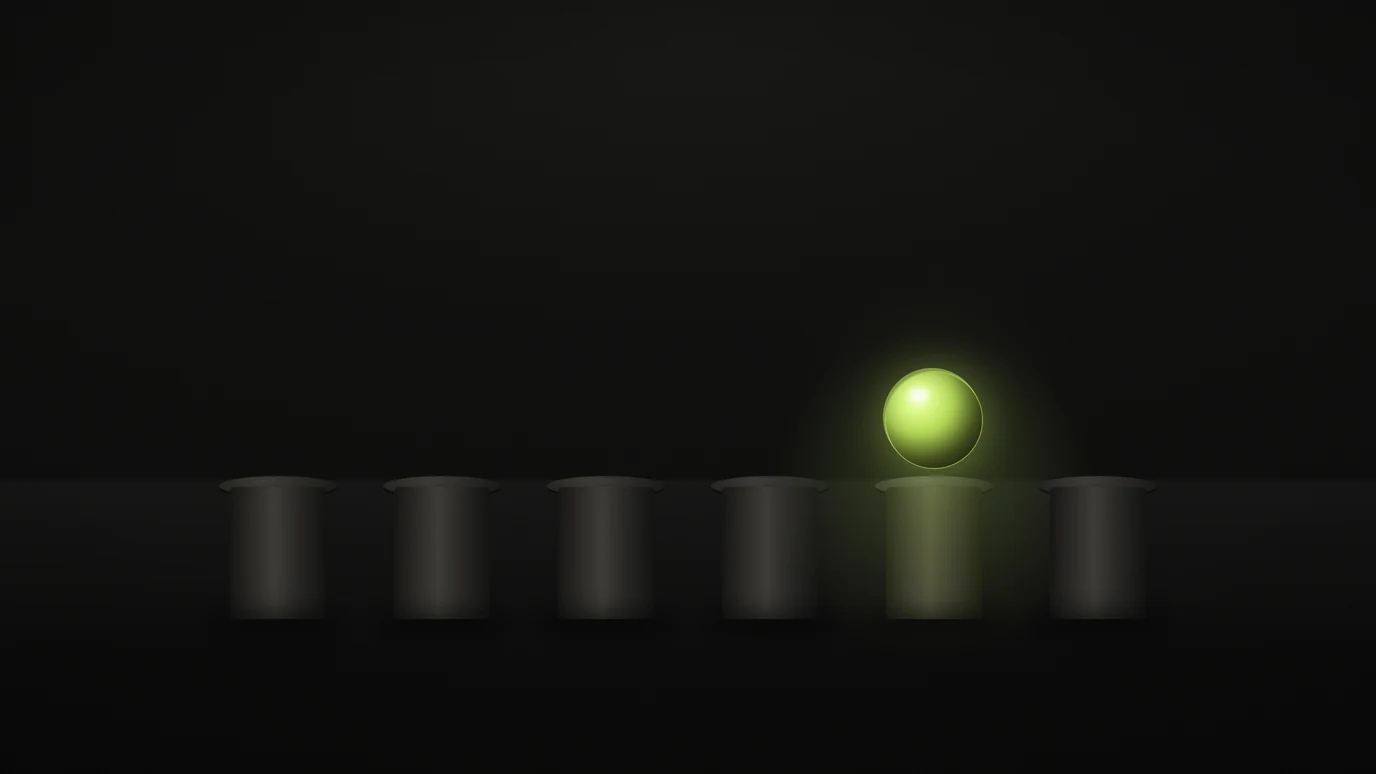 Personal branding examples — six clay pedestals in a row on black, five of them empty and grey, one holding a polished sphere lit in lime green