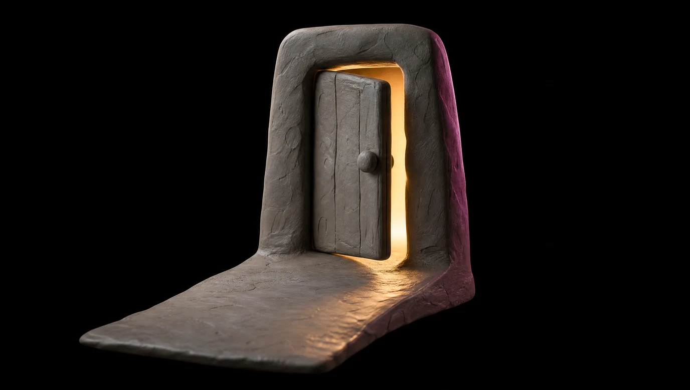 A clay doorway standing ajar with a wide clay ramp leading up to it, warm light spilling through, on black