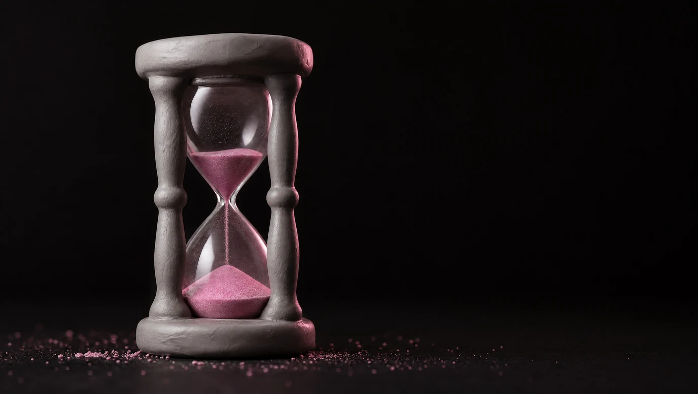 A clay hourglass with pink sand in the lower bulb, grains scattered around it, on black