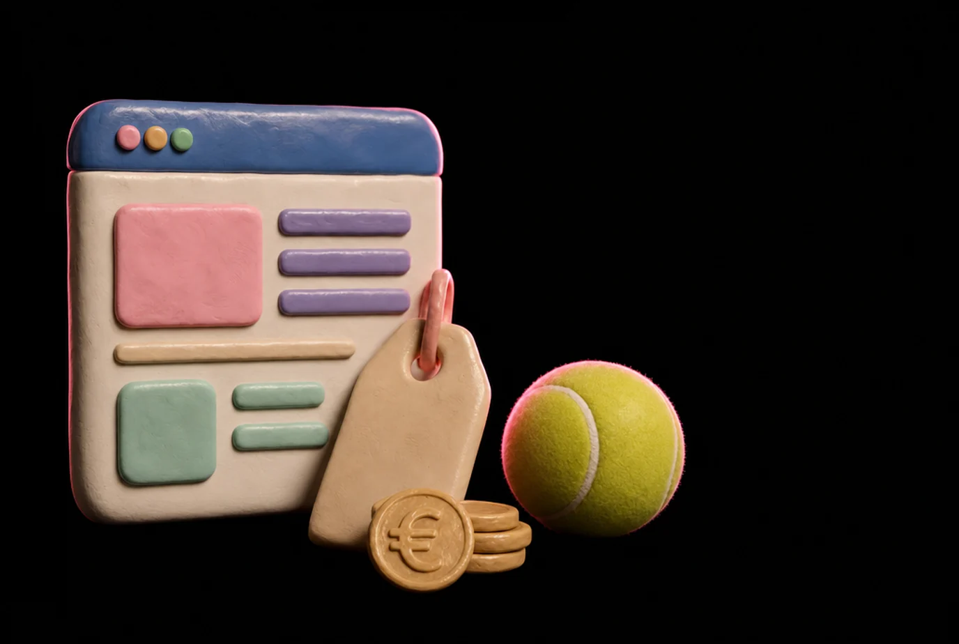 Soft 3D clay illustration: a clay browser window with a price tag and euro coins, a tennis ball beside it on black