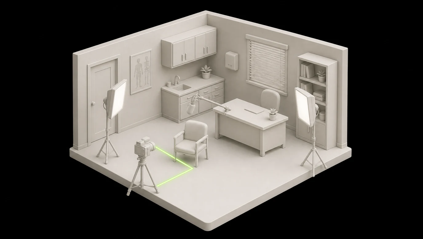 Ein minimaler Drehaufbau in einem Praxisraum als isometrisches Diorama — eine Kamera auf dem Stativ vor einem Stuhl, zwei Lichter, ein Mikrofon, niemand im Bild