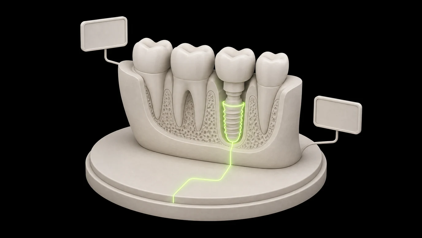 Isometrische Darstellung eines Kiefermodells im Querschnitt: ein Implantatpfosten sitzt im Knochen, seine Kontur ist als leuchtende Linie hervorgehoben, zwei leere Beschriftungsfelder schweben daneben